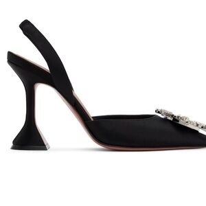 Amina Muaddi Black Satin Slingback Pumps with Crystal Buckle
